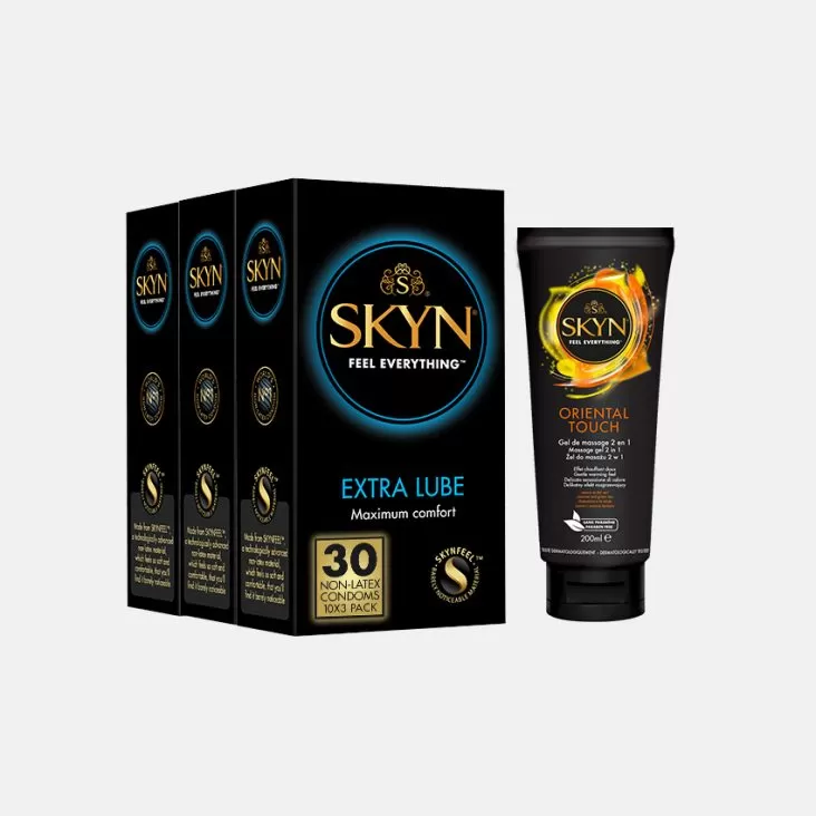 Confezione da 30 profilattici SKYN® Extra Lube + gel Oriental Touch